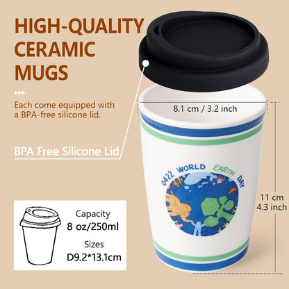 Reusable Ceramic Travel Coffee Cup – 8oz Double-wall New Bone China Coffee Mug with silicon lid (Adventure)