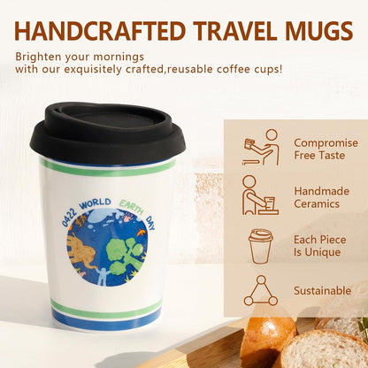 Reusable Ceramic Travel Coffee Cup – 8oz Double-wall New Bone China Coffee Mug with silicon lid (Adventure)