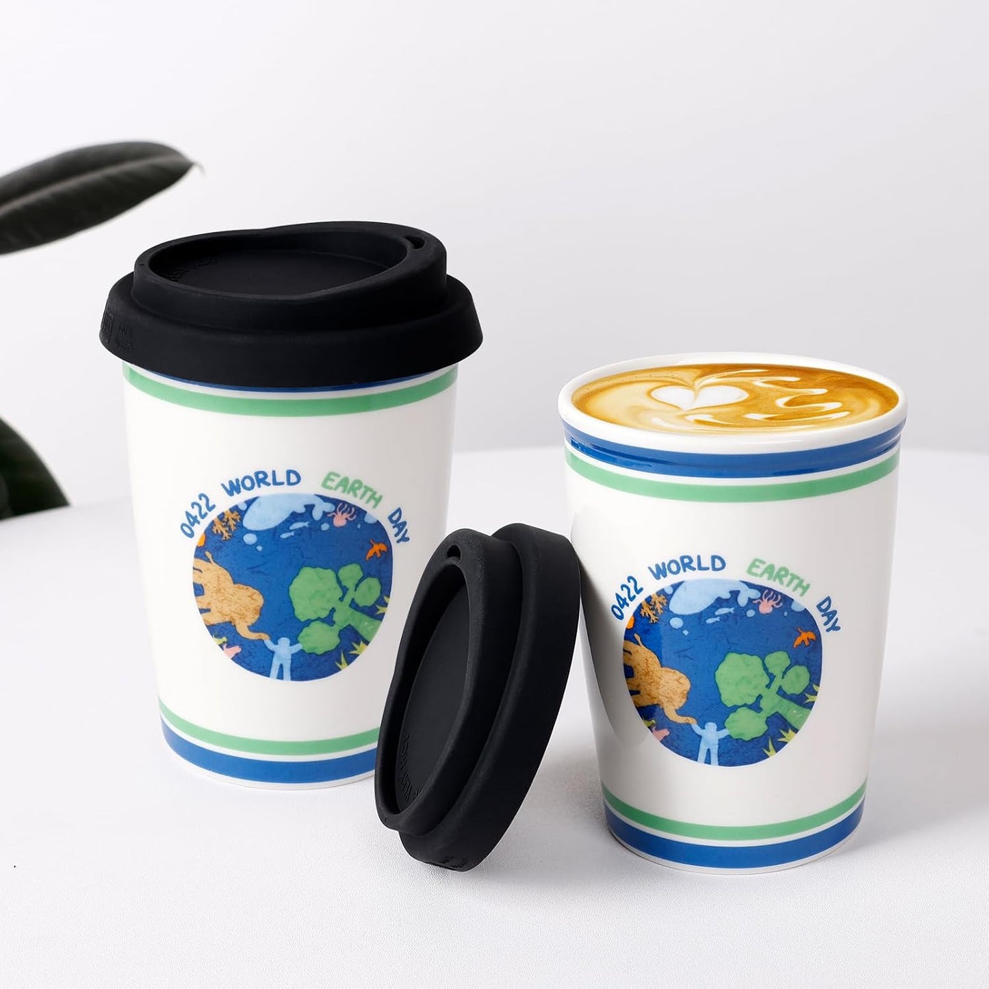 Reusable Ceramic Travel Coffee Cup – 8oz Double-wall New Bone China Coffee Mug with silicon lid (Adventure)