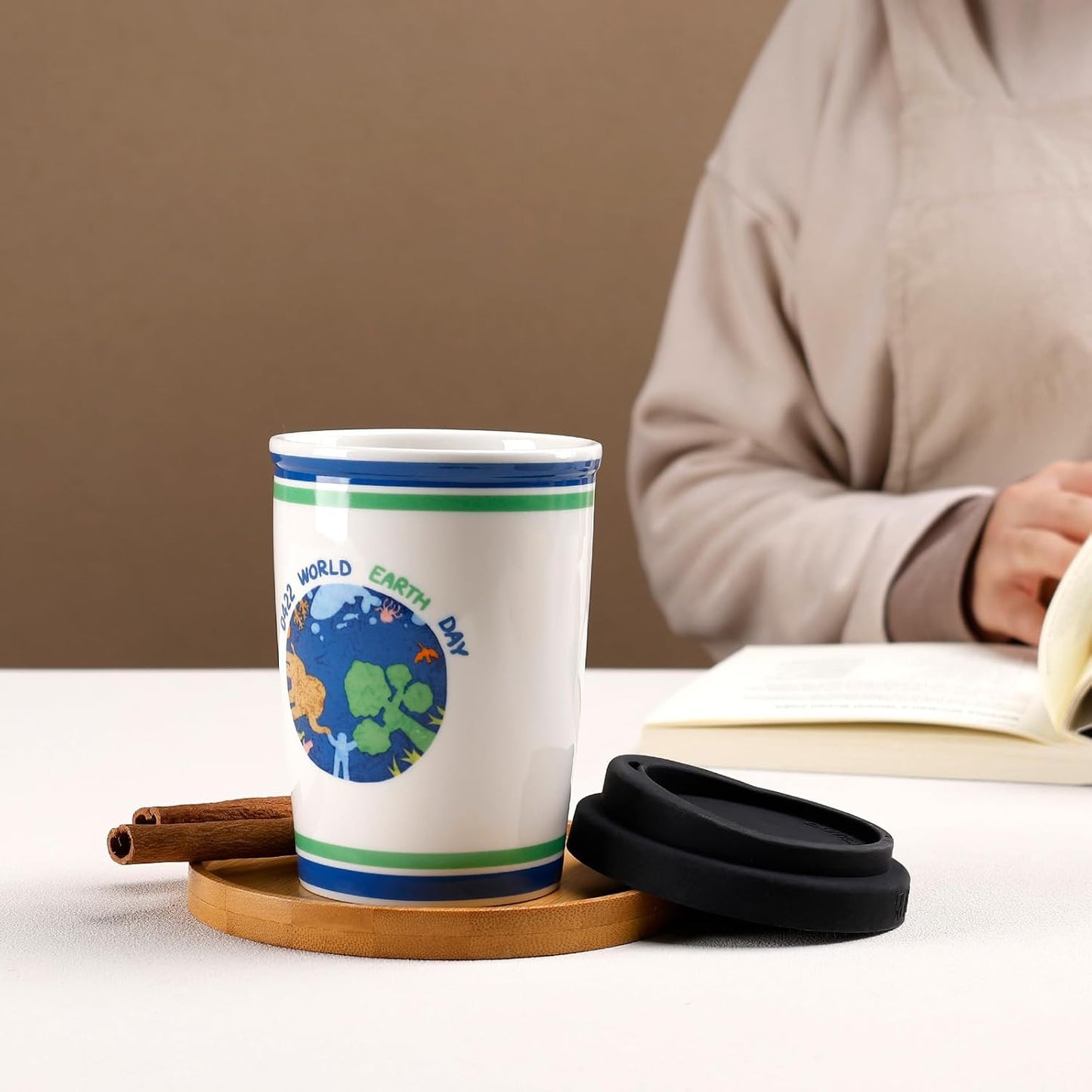 Reusable Ceramic Travel Coffee Cup – 8oz Double-wall New Bone China Coffee Mug with silicon lid (Adventure)