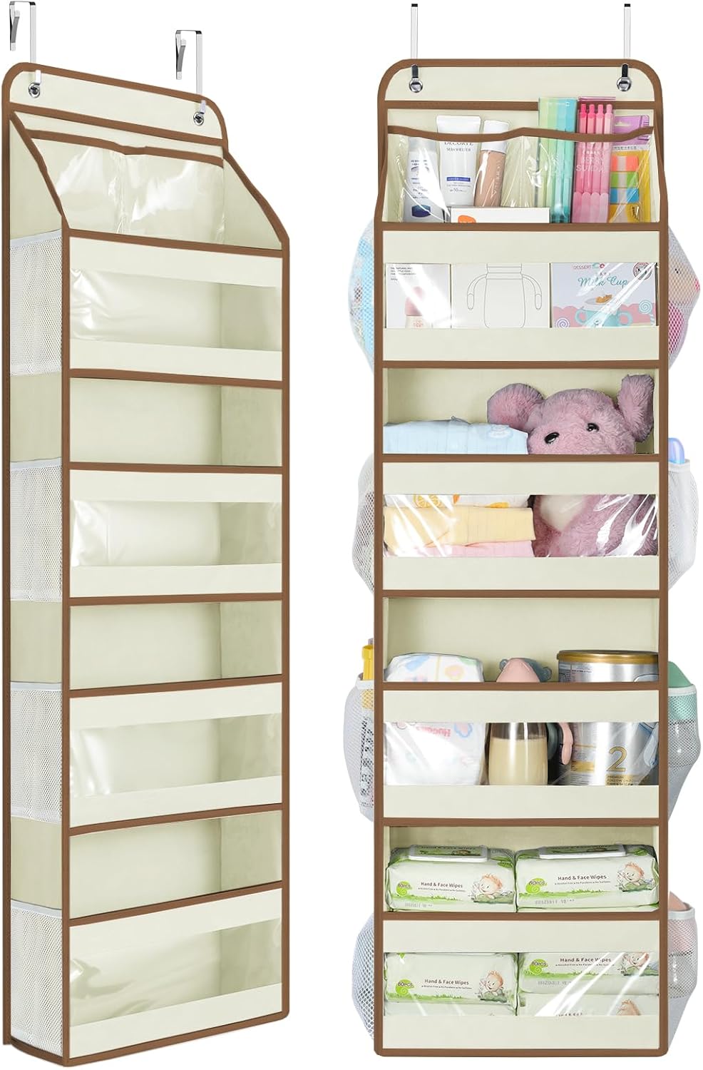 7 Tier Over the Door Organizer, Large Capacity Door Organizer Hanging with Clear PVC Windows, Behind the Door Storage for Bedroom Nursery Closet Laundry Pantry Bathroom, Grey