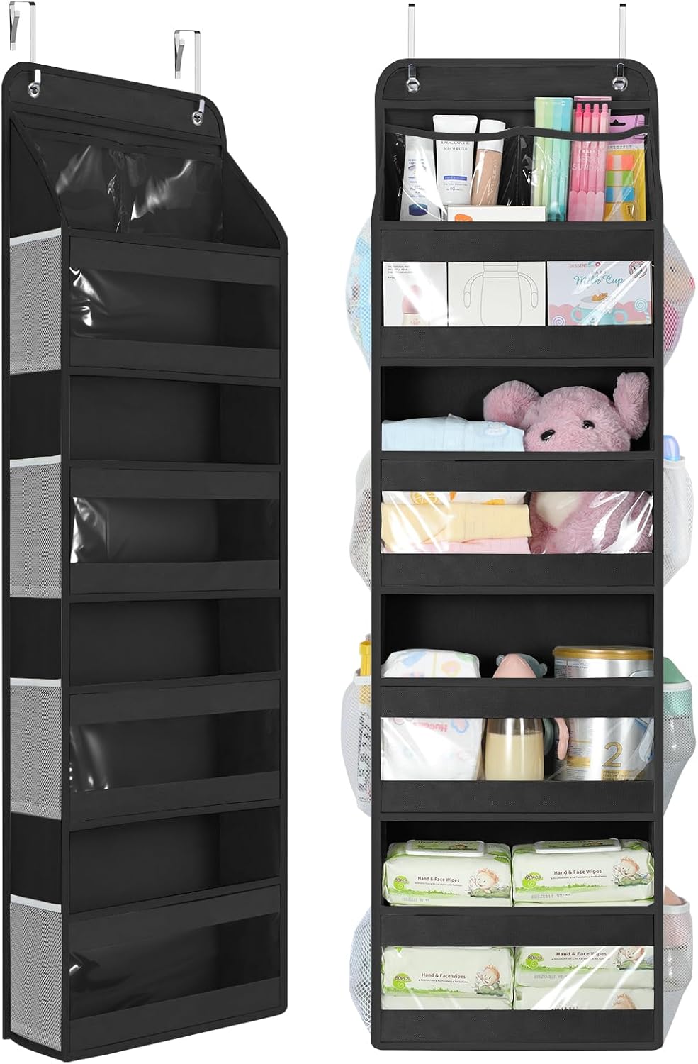 7 Tier Over the Door Organizer, Large Capacity Door Organizer Hanging with Clear PVC Windows, Behind the Door Storage for Bedroom Nursery Closet Laundry Pantry Bathroom, Grey