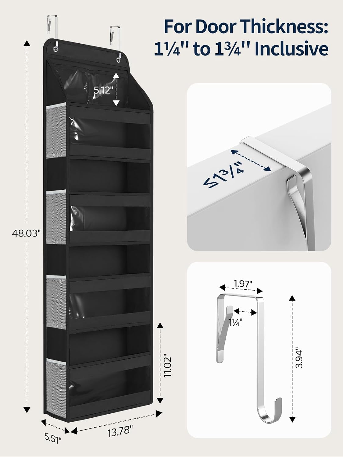7 Tier Over the Door Organizer, Large Capacity Door Organizer Hanging with Clear PVC Windows, Behind the Door Storage for Bedroom Nursery Closet Laundry Pantry Bathroom, Grey