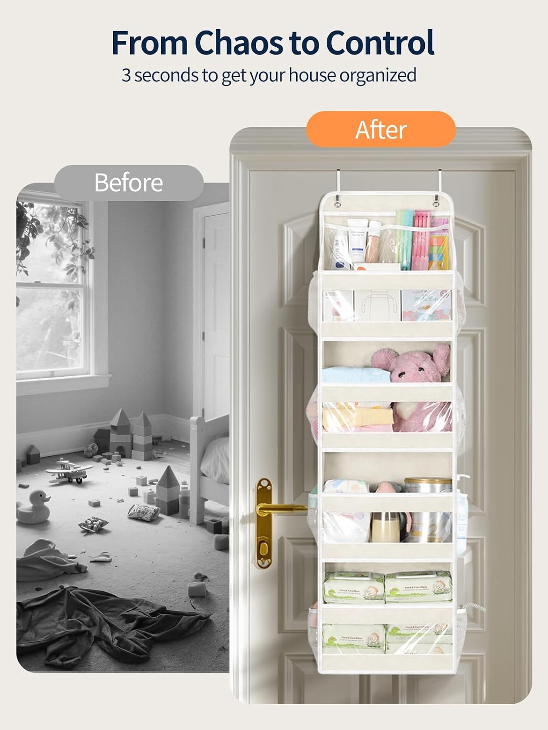 7 Tier Over the Door Organizer, Large Capacity Door Organizer Hanging with Clear PVC Windows, Behind the Door Storage for Bedroom Nursery Closet Laundry Pantry Bathroom, Grey