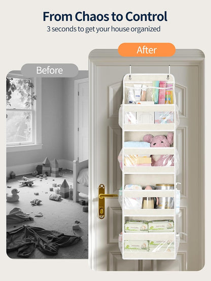 7 Tier Over the Door Organizer, Large Capacity Door Organizer Hanging with Clear PVC Windows, Behind the Door Storage for Bedroom Nursery Closet Laundry Pantry Bathroom, Grey