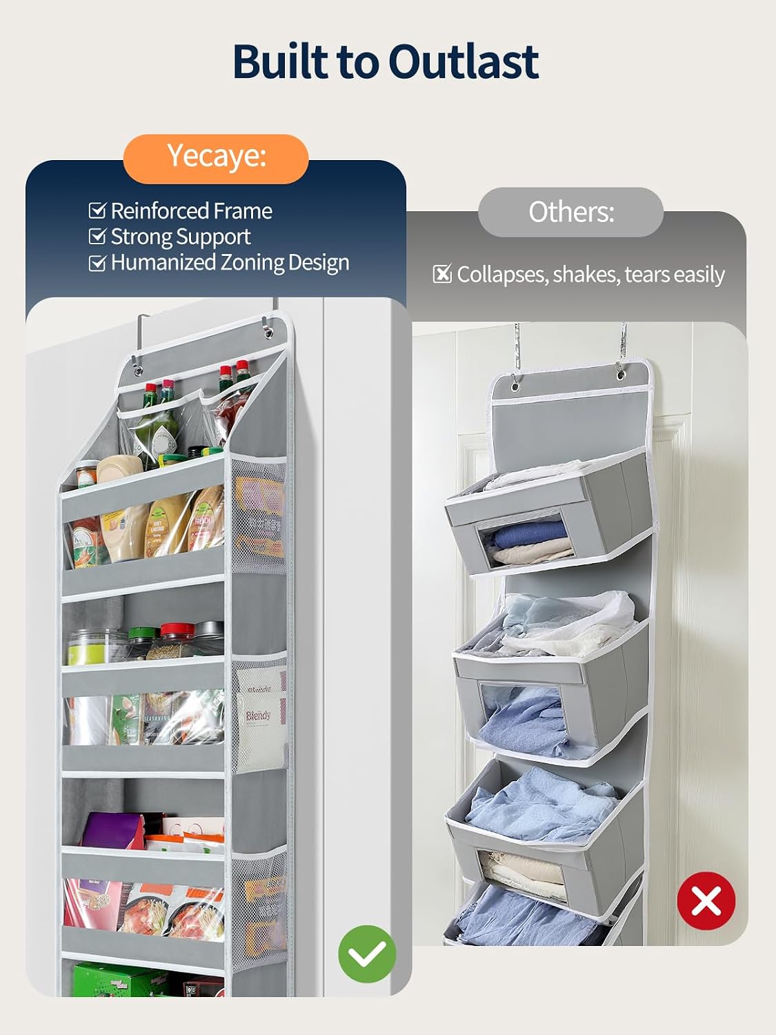 7 Tier Over the Door Organizer, Large Capacity Door Organizer Hanging with Clear PVC Windows, Behind the Door Storage for Bedroom Nursery Closet Laundry Pantry Bathroom, Grey