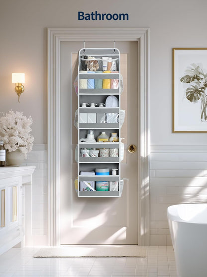 7 Tier Over the Door Organizer, Large Capacity Door Organizer Hanging with Clear PVC Windows, Behind the Door Storage for Bedroom Nursery Closet Laundry Pantry Bathroom, Grey