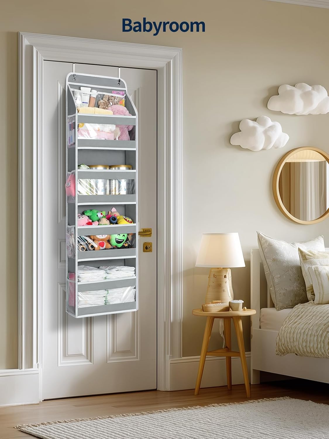 7 Tier Over the Door Organizer, Large Capacity Door Organizer Hanging with Clear PVC Windows, Behind the Door Storage for Bedroom Nursery Closet Laundry Pantry Bathroom, Grey