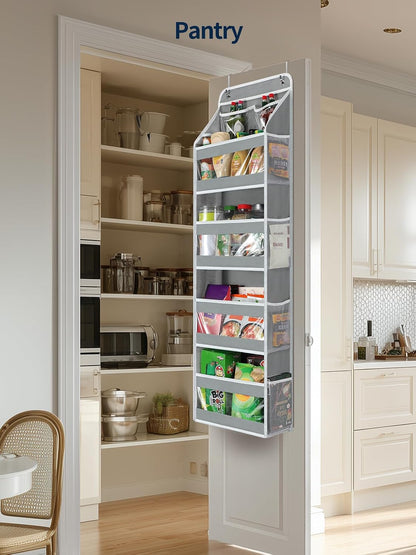 7 Tier Over the Door Organizer, Large Capacity Door Organizer Hanging with Clear PVC Windows, Behind the Door Storage for Bedroom Nursery Closet Laundry Pantry Bathroom, Grey