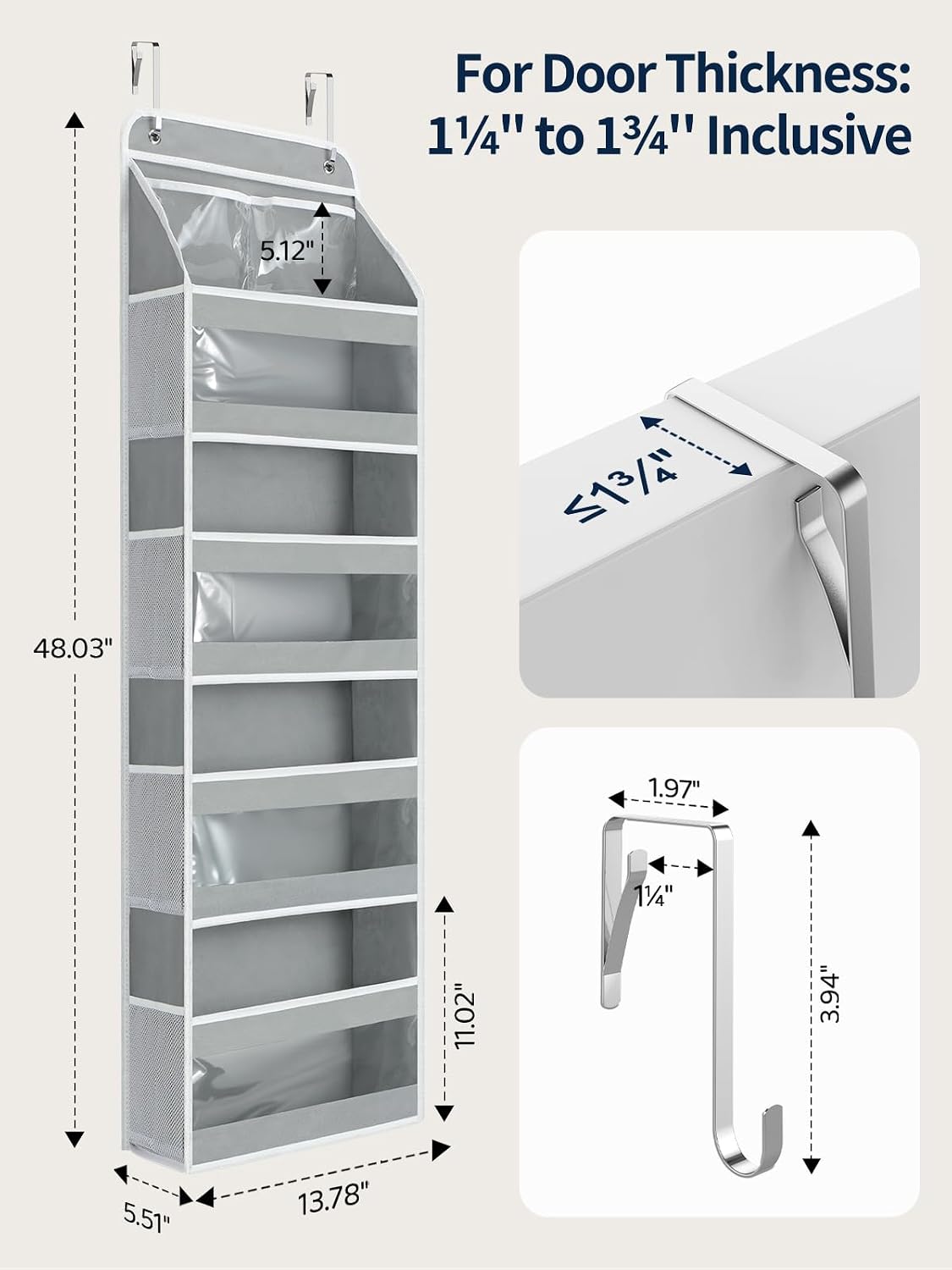 7 Tier Over the Door Organizer, Large Capacity Door Organizer Hanging with Clear PVC Windows, Behind the Door Storage for Bedroom Nursery Closet Laundry Pantry Bathroom, Grey