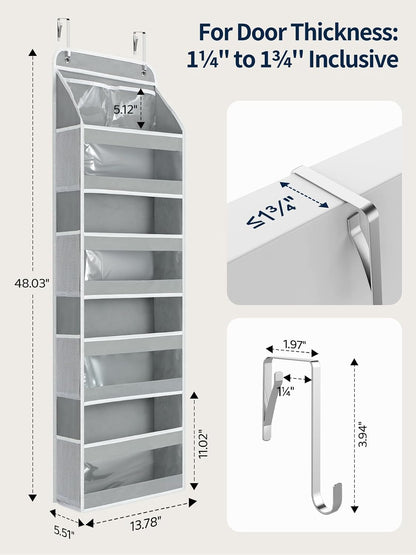 7 Tier Over the Door Organizer, Large Capacity Door Organizer Hanging with Clear PVC Windows, Behind the Door Storage for Bedroom Nursery Closet Laundry Pantry Bathroom, Grey