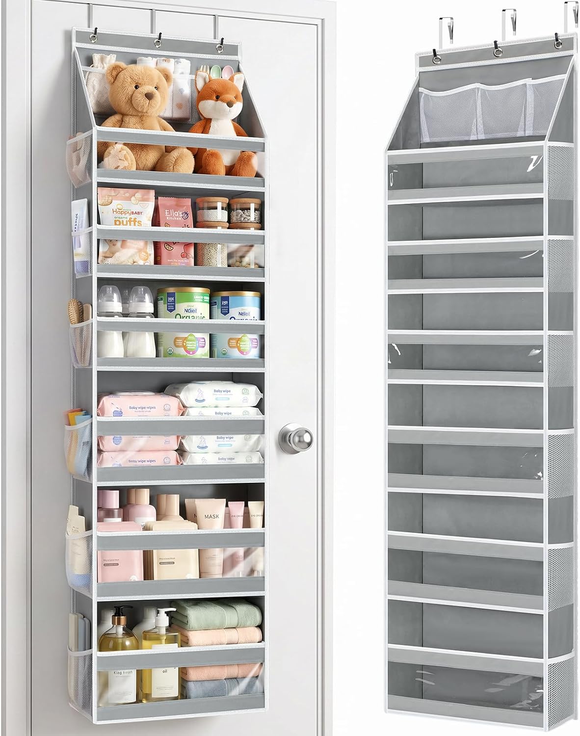 7 Tier Over the Door Organizer, Large Capacity Door Organizer Hanging with Clear PVC Windows, Behind the Door Storage for Bedroom Nursery Closet Laundry Pantry Bathroom, Grey