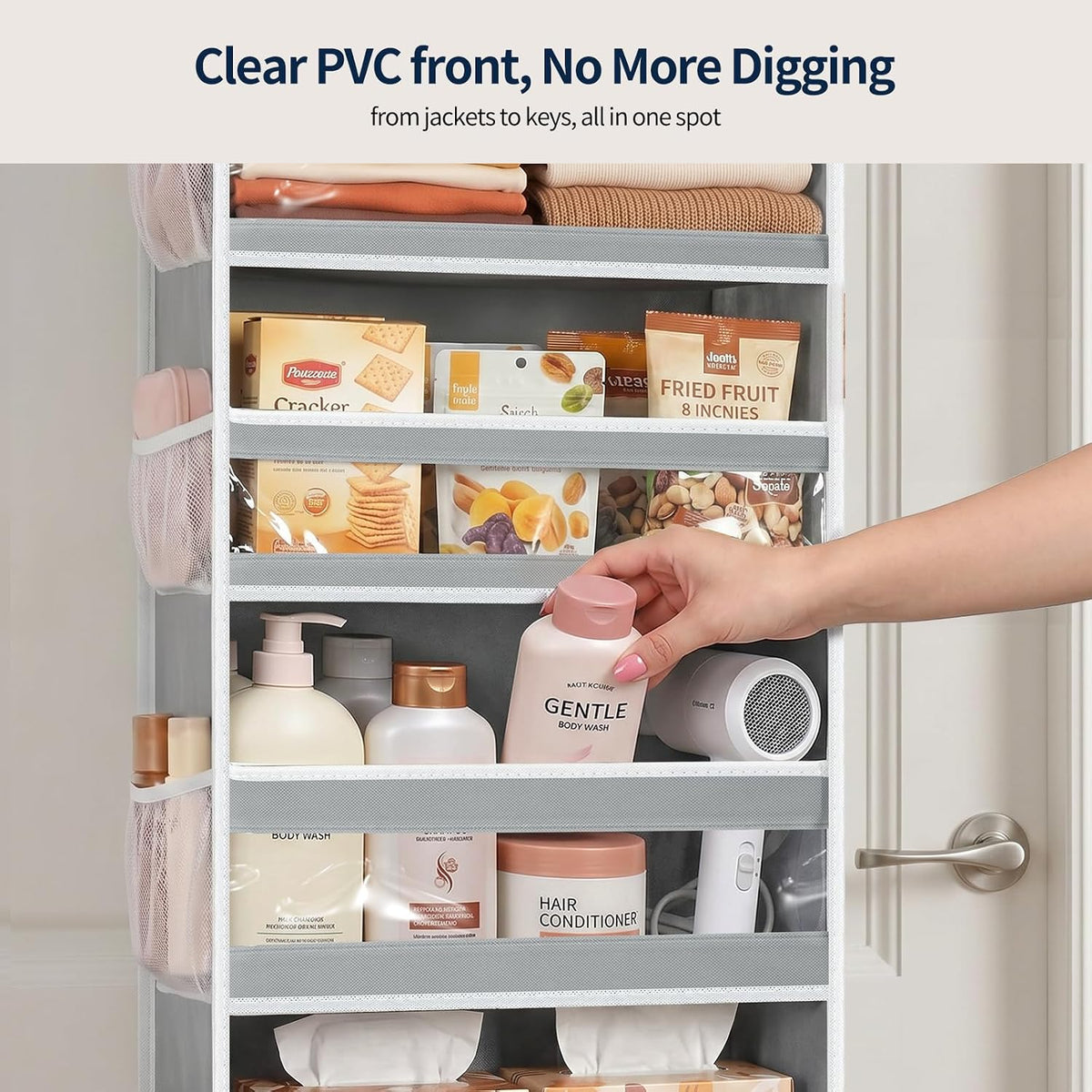 7 Tier Over the Door Organizer, Large Capacity Door Organizer Hanging with Clear PVC Windows, Behind the Door Storage for Bedroom Nursery Closet Laundry Pantry Bathroom, Grey