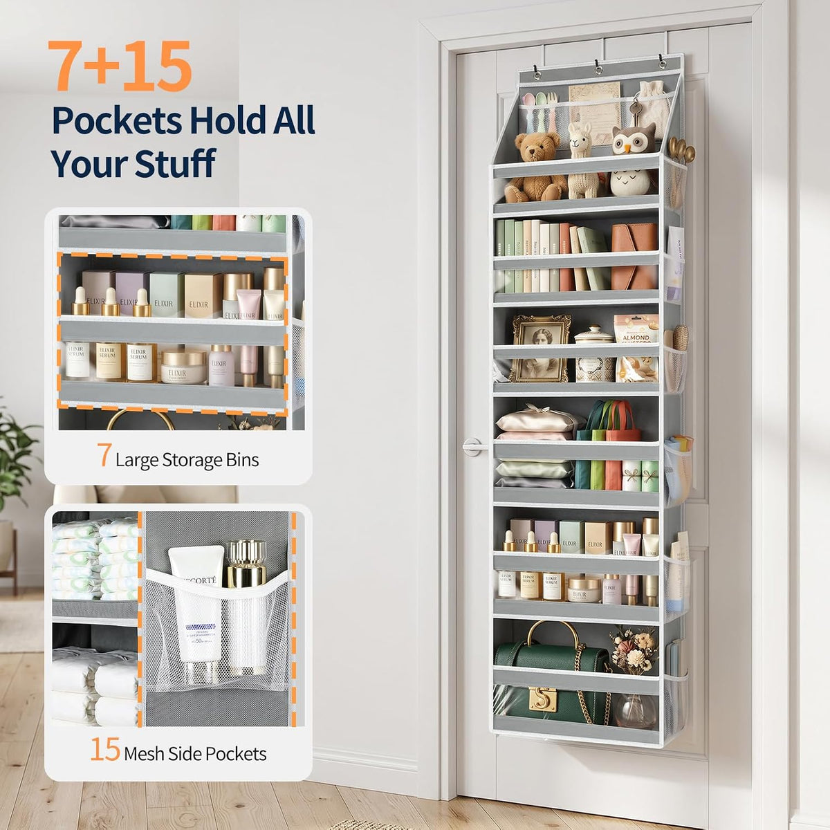 7 Tier Over the Door Organizer, Large Capacity Door Organizer Hanging with Clear PVC Windows, Behind the Door Storage for Bedroom Nursery Closet Laundry Pantry Bathroom, Grey