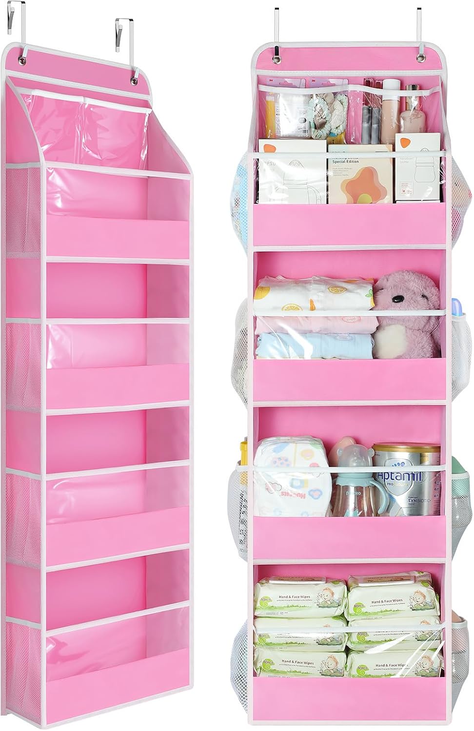 7 Tier Over the Door Organizer, Large Capacity Door Organizer Hanging with Clear PVC Windows, Behind the Door Storage for Bedroom Nursery Closet Laundry Pantry Bathroom, Grey