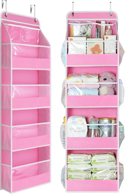 7 Tier Over the Door Organizer, Large Capacity Door Organizer Hanging with Clear PVC Windows, Behind the Door Storage for Bedroom Nursery Closet Laundry Pantry Bathroom, Grey