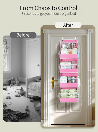 7 Tier Over the Door Organizer, Large Capacity Door Organizer Hanging with Clear PVC Windows, Behind the Door Storage for Bedroom Nursery Closet Laundry Pantry Bathroom, Grey