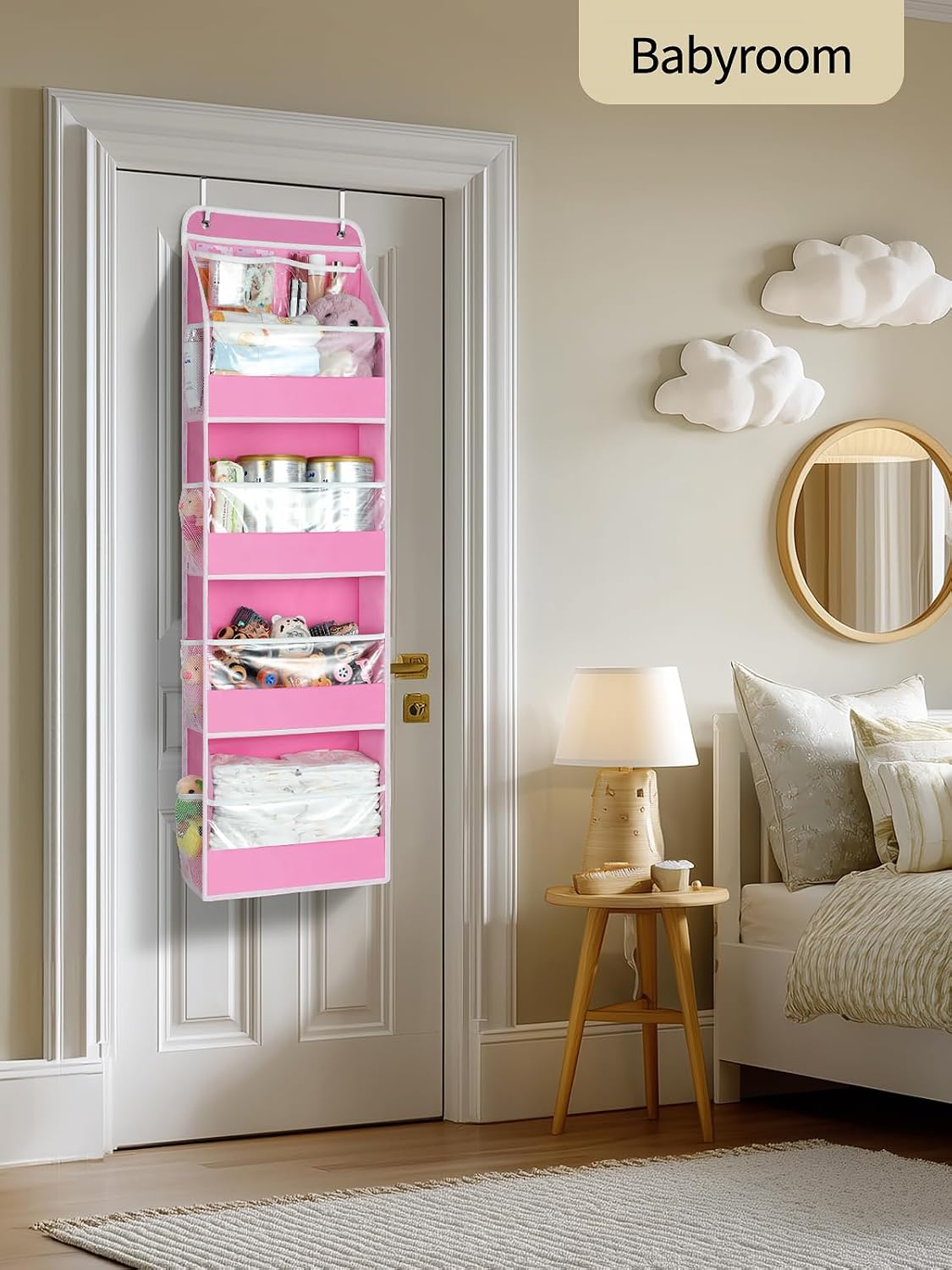 7 Tier Over the Door Organizer, Large Capacity Door Organizer Hanging with Clear PVC Windows, Behind the Door Storage for Bedroom Nursery Closet Laundry Pantry Bathroom, Grey