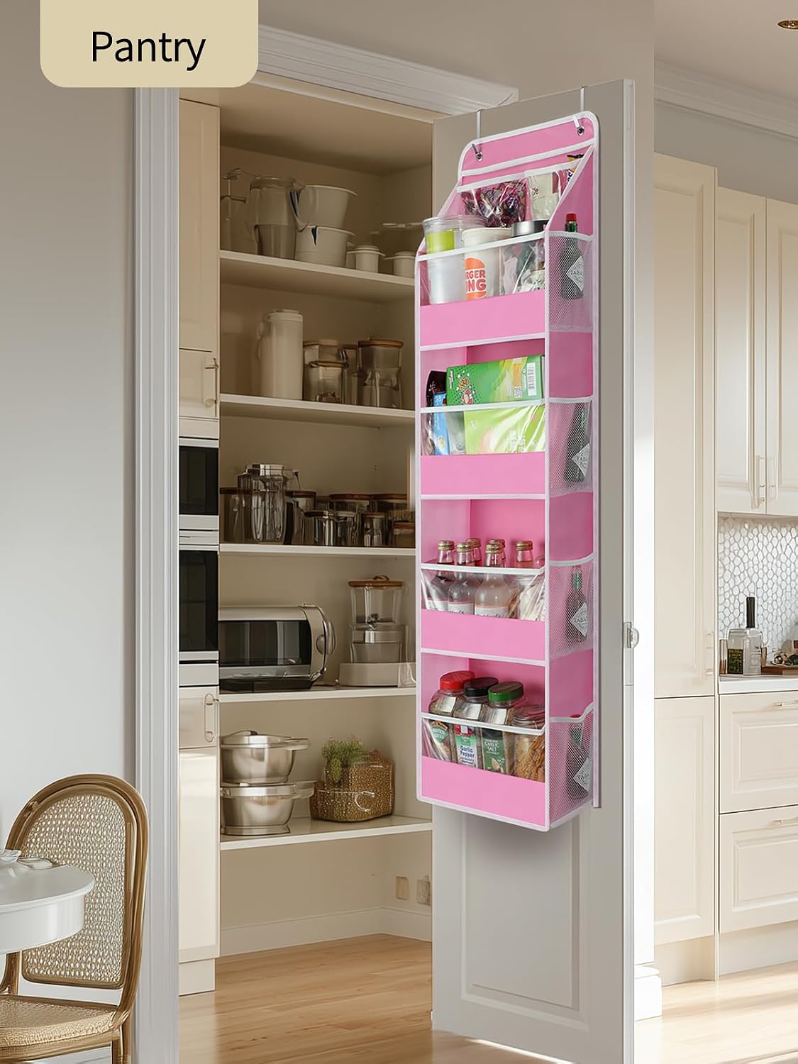 7 Tier Over the Door Organizer, Large Capacity Door Organizer Hanging with Clear PVC Windows, Behind the Door Storage for Bedroom Nursery Closet Laundry Pantry Bathroom, Grey