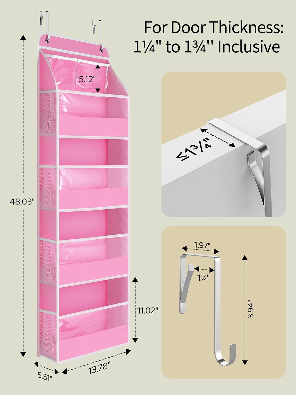 7 Tier Over the Door Organizer, Large Capacity Door Organizer Hanging with Clear PVC Windows, Behind the Door Storage for Bedroom Nursery Closet Laundry Pantry Bathroom, Grey