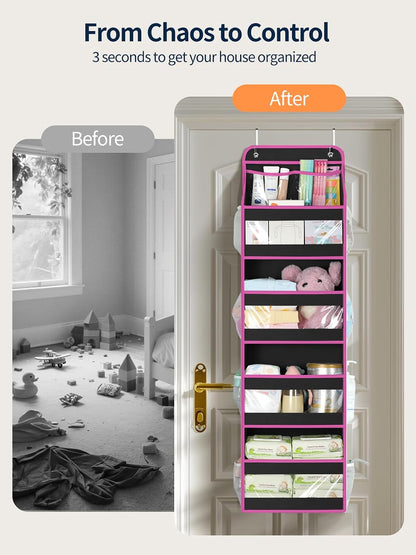 7 Tier Over the Door Organizer, Large Capacity Door Organizer Hanging with Clear PVC Windows, Behind the Door Storage for Bedroom Nursery Closet Laundry Pantry Bathroom, Grey
