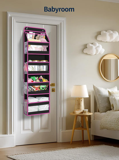 7 Tier Over the Door Organizer, Large Capacity Door Organizer Hanging with Clear PVC Windows, Behind the Door Storage for Bedroom Nursery Closet Laundry Pantry Bathroom, Grey