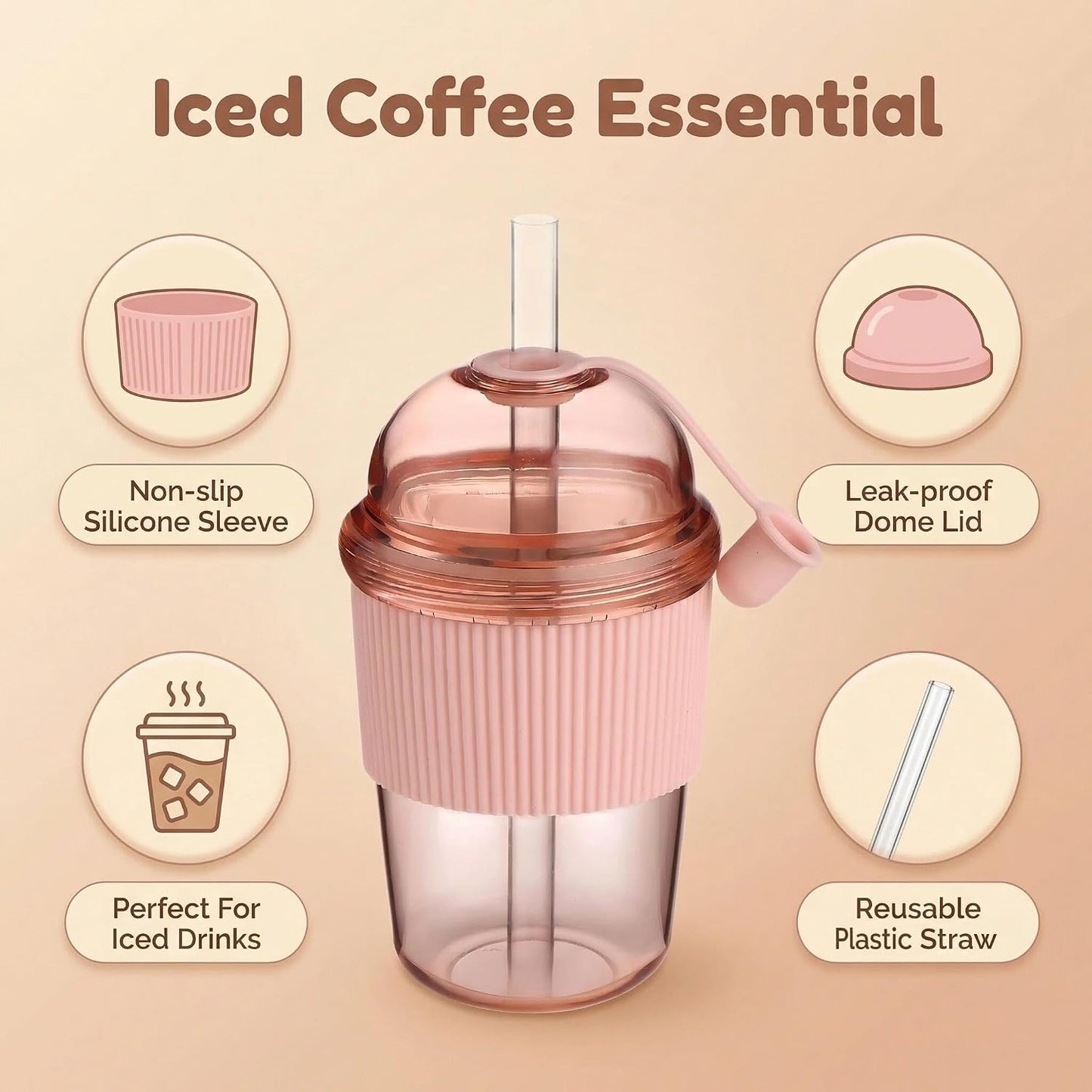 Reusable Ices Coffee Cups with Lids and Straws 14oz, Boba Cup with Straw, Leak Proof Tumbler with Silicone Sleeve for Cold Drinks, Iced Coffee, Bubble Tea ，Pink