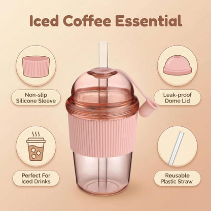 Reusable Ices Coffee Cups with Lids and Straws 14oz, Boba Cup with Straw, Leak Proof Tumbler with Silicone Sleeve for Cold Drinks, Iced Coffee, Bubble Tea ，Pink