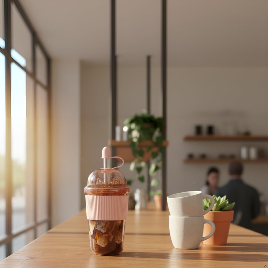 Reusable Ices Coffee Cups with Lids and Straws 14oz, Boba Cup with Straw, Leak Proof Tumbler with Silicone Sleeve for Cold Drinks, Iced Coffee, Bubble Tea ，Pink