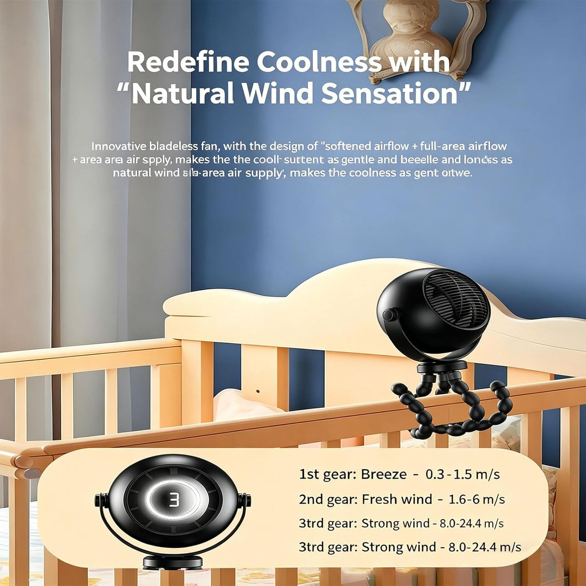 360 Degree Adjustable Flexible Tripod Fan with Display Panel and Soft Night Light for Infant Carriage and Outdoor Use