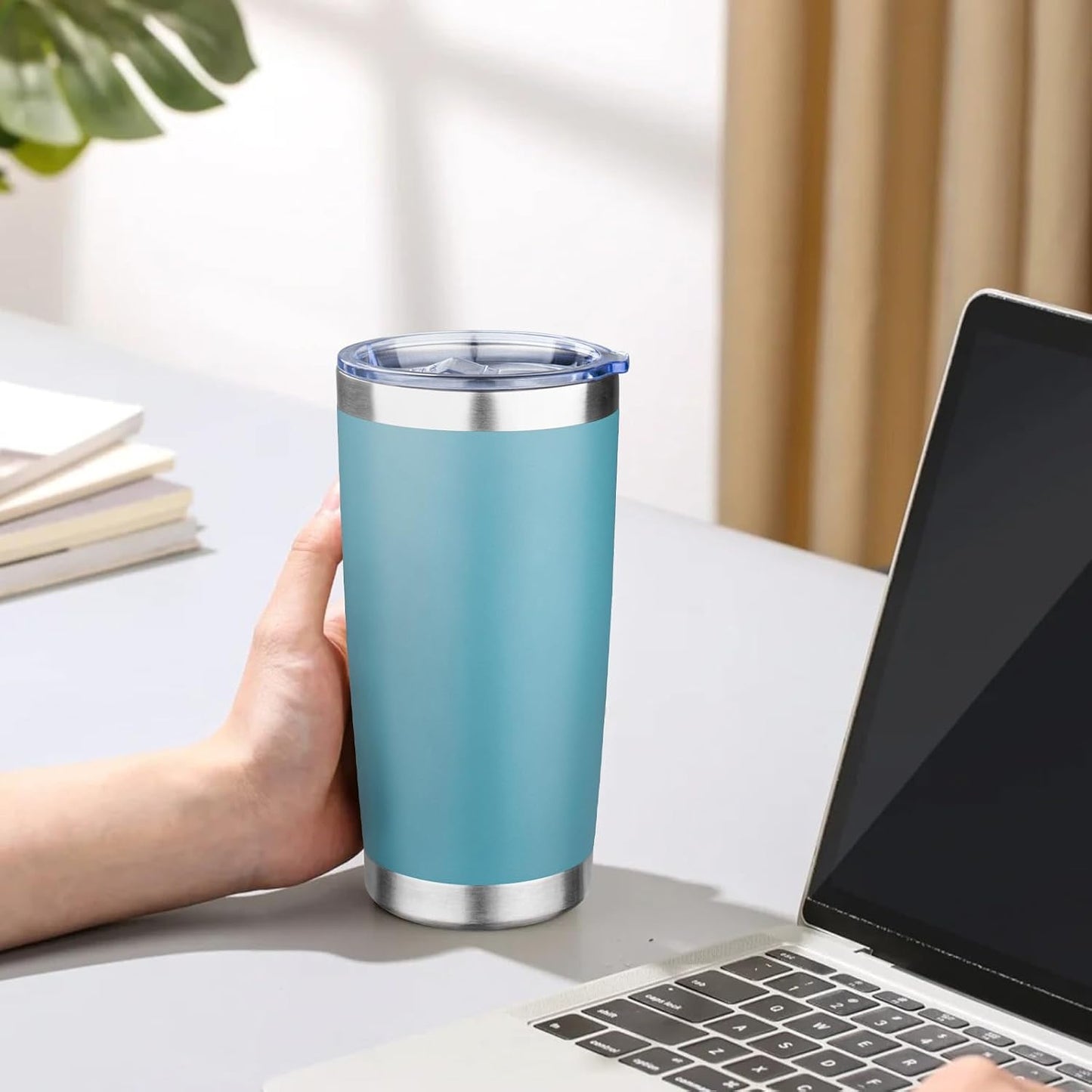 20oz Tumbler with Lid Double Wall Vacuum Insulated Travel Coffee Mug Stainless Steel Thermal Cup Powder Coated Sturdy Coffee Tumbler Bulk for Hot and Cold Beverages (Green-Teal-Orange-Yellow,4)