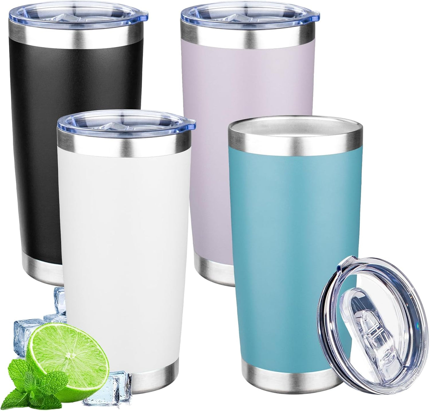 20oz Tumbler with Lid Double Wall Vacuum Insulated Travel Coffee Mug Stainless Steel Thermal Cup Powder Coated Sturdy Coffee Tumbler Bulk for Hot and Cold Beverages (Green-Teal-Orange-Yellow,4)