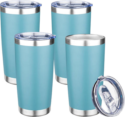 20oz Tumbler with Lid Double Wall Vacuum Insulated Travel Coffee Mug Stainless Steel Thermal Cup Powder Coated Sturdy Coffee Tumbler Bulk for Hot and Cold Beverages (Green-Teal-Orange-Yellow,4)
