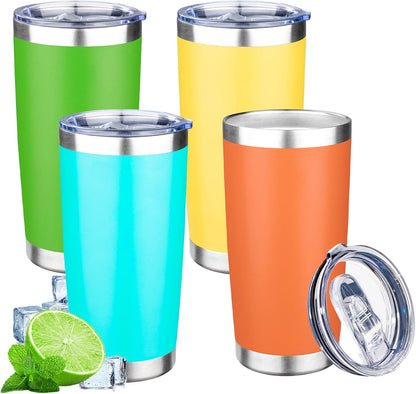 20oz Tumbler with Lid Double Wall Vacuum Insulated Travel Coffee Mug Stainless Steel Thermal Cup Powder Coated Sturdy Coffee Tumbler Bulk for Hot and Cold Beverages (Green-Teal-Orange-Yellow,4)