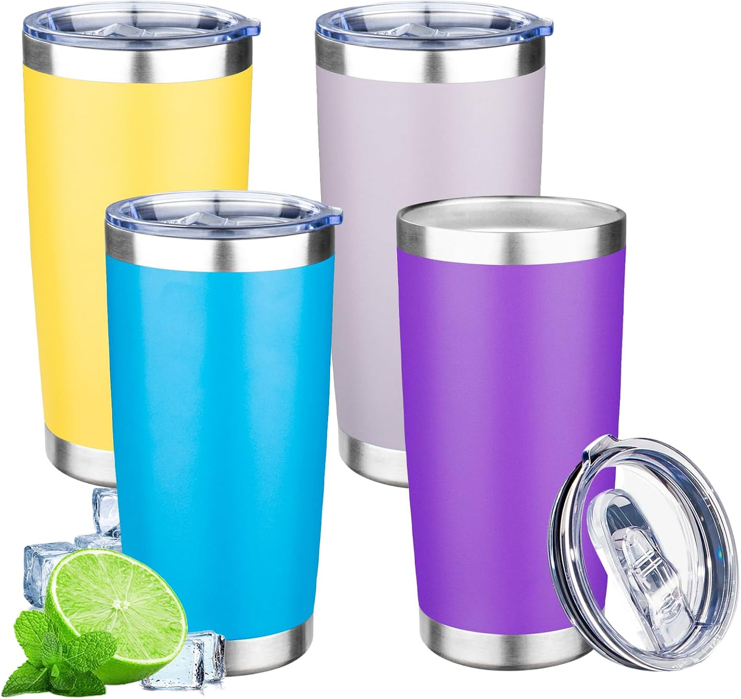 20oz Tumbler with Lid Double Wall Vacuum Insulated Travel Coffee Mug Stainless Steel Thermal Cup Powder Coated Sturdy Coffee Tumbler Bulk for Hot and Cold Beverages (Green-Teal-Orange-Yellow,4)