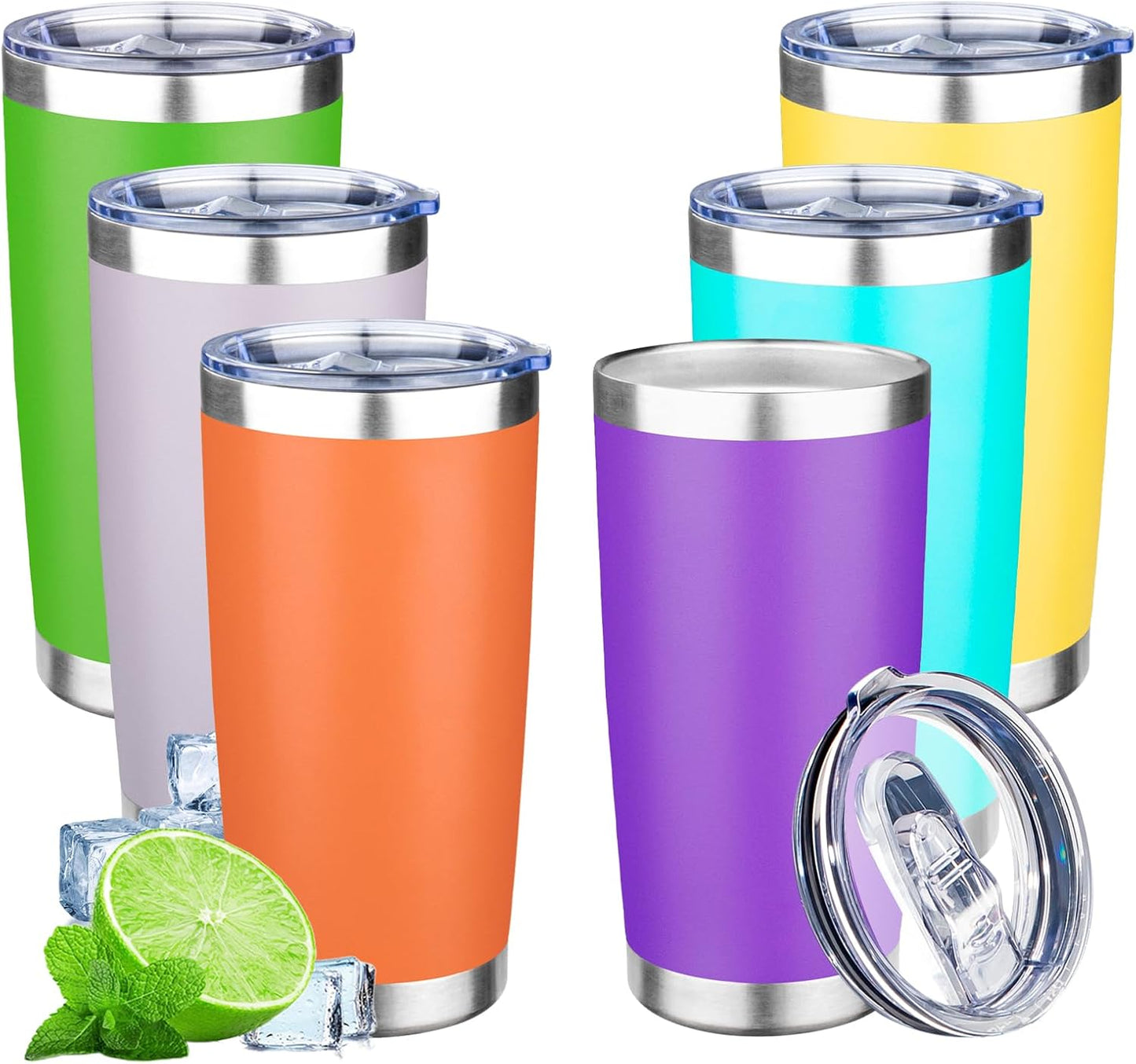 20oz Tumbler with Lid Double Wall Vacuum Insulated Travel Coffee Mug Stainless Steel Thermal Cup Powder Coated Sturdy Coffee Tumbler Bulk for Hot and Cold Beverages (Green-Teal-Orange-Yellow,4)