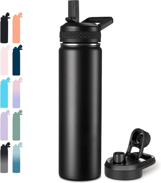 Insulated Water Bottle with Handle, 304 Stainless Steel Water Bottles with Wide Mouth, Double Wall Vacuum Sports Water Bottle, BPA Free, Keep Cold and Hot, 18 Ounces, Black/Gray