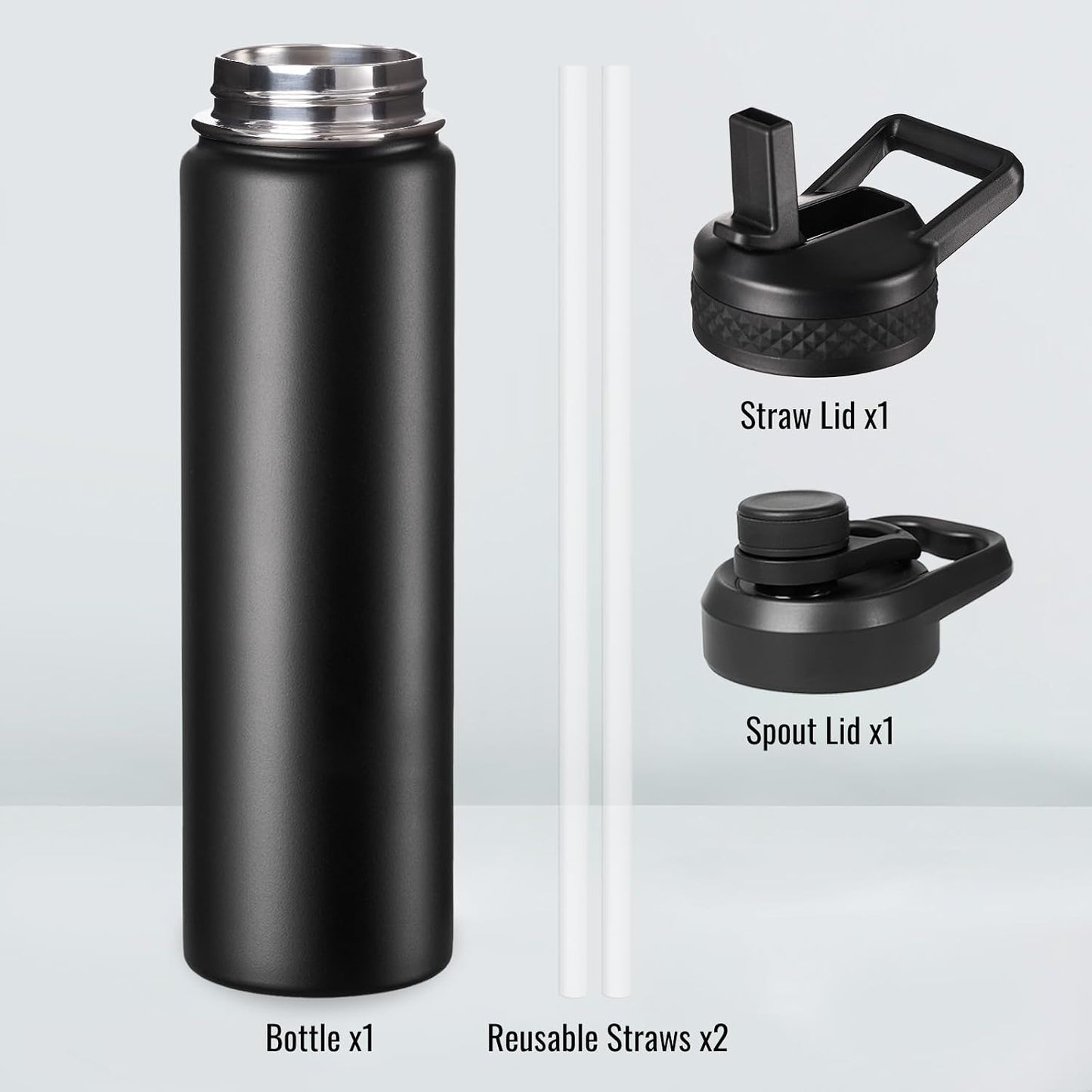 Insulated Water Bottle with Handle, 304 Stainless Steel Water Bottles with Wide Mouth, Double Wall Vacuum Sports Water Bottle, BPA Free, Keep Cold and Hot, 18 Ounces, Black/Gray