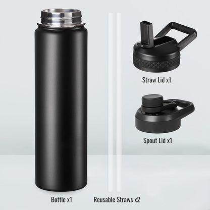 Insulated Water Bottle with Handle, 304 Stainless Steel Water Bottles with Wide Mouth, Double Wall Vacuum Sports Water Bottle, BPA Free, Keep Cold and Hot, 18 Ounces, Black/Gray