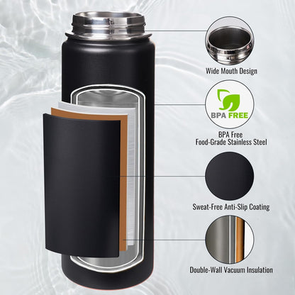 Insulated Water Bottle with Handle, 304 Stainless Steel Water Bottles with Wide Mouth, Double Wall Vacuum Sports Water Bottle, BPA Free, Keep Cold and Hot, 18 Ounces, Black/Gray