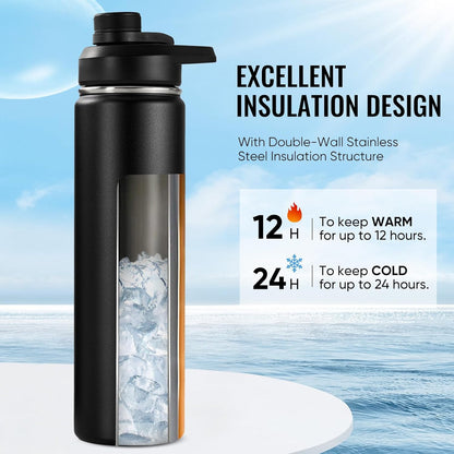 Insulated Water Bottle with Handle, 304 Stainless Steel Water Bottles with Wide Mouth, Double Wall Vacuum Sports Water Bottle, BPA Free, Keep Cold and Hot, 18 Ounces, Black/Gray