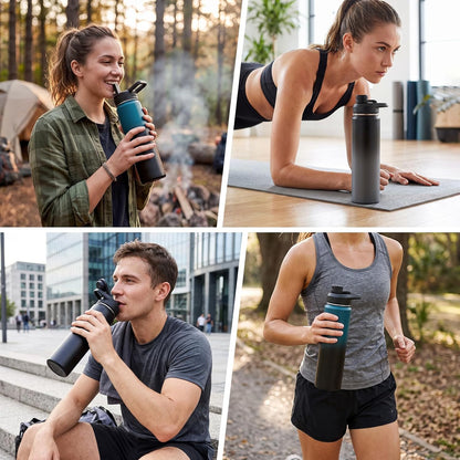 Insulated Water Bottle with Handle, 304 Stainless Steel Water Bottles with Wide Mouth, Double Wall Vacuum Sports Water Bottle, BPA Free, Keep Cold and Hot, 18 Ounces, Black/Gray