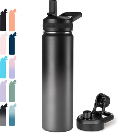 Insulated Water Bottle with Handle, 304 Stainless Steel Water Bottles with Wide Mouth, Double Wall Vacuum Sports Water Bottle, BPA Free, Keep Cold and Hot, 18 Ounces, Black/Gray