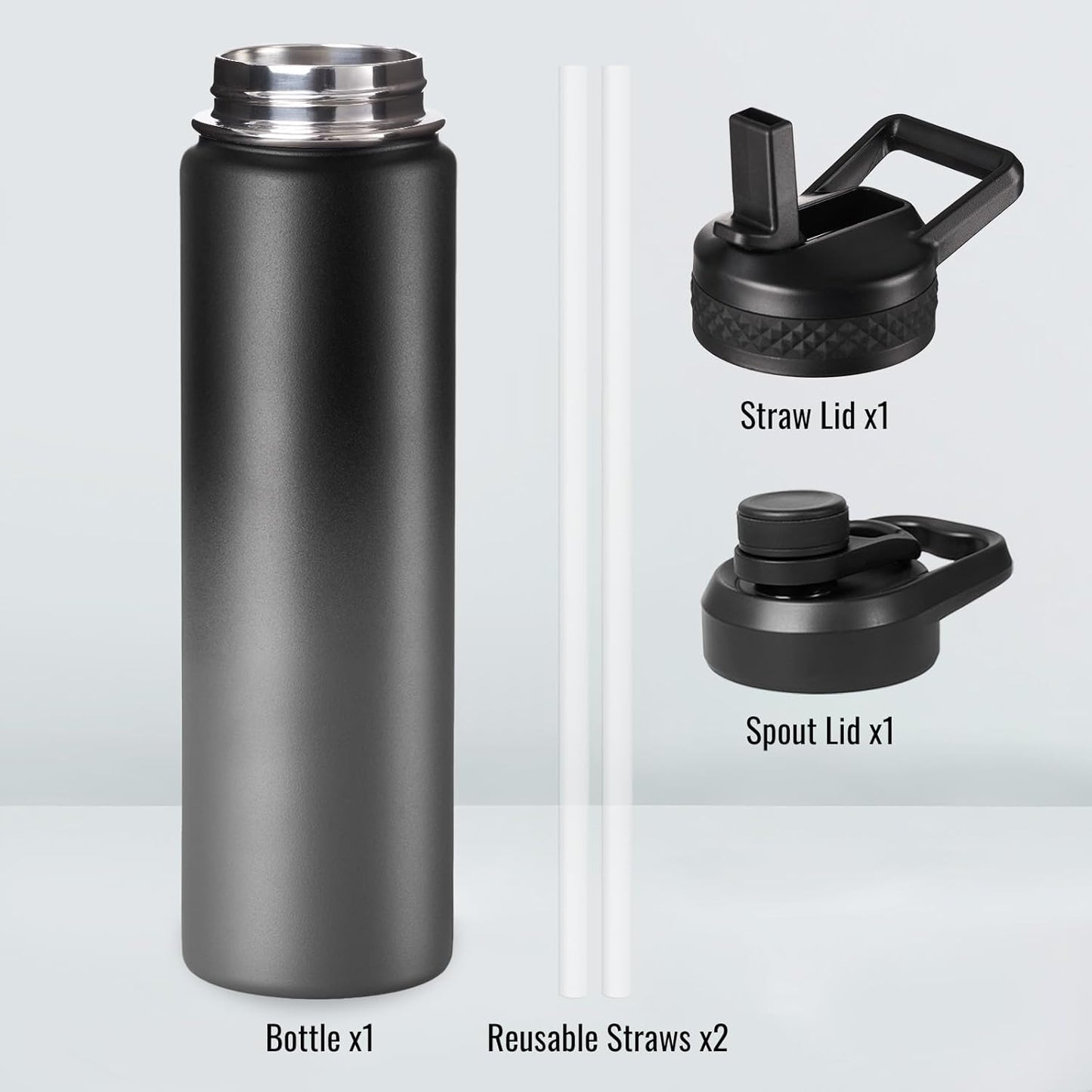Insulated Water Bottle with Handle, 304 Stainless Steel Water Bottles with Wide Mouth, Double Wall Vacuum Sports Water Bottle, BPA Free, Keep Cold and Hot, 18 Ounces, Black/Gray