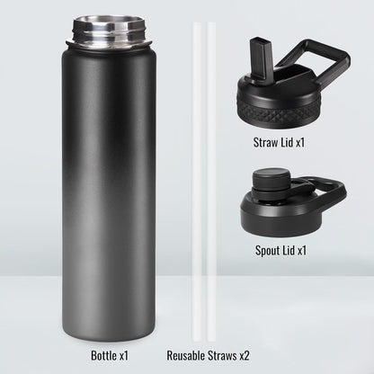 Insulated Water Bottle with Handle, 304 Stainless Steel Water Bottles with Wide Mouth, Double Wall Vacuum Sports Water Bottle, BPA Free, Keep Cold and Hot, 18 Ounces, Black/Gray