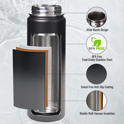 Insulated Water Bottle with Handle, 304 Stainless Steel Water Bottles with Wide Mouth, Double Wall Vacuum Sports Water Bottle, BPA Free, Keep Cold and Hot, 18 Ounces, Black/Gray