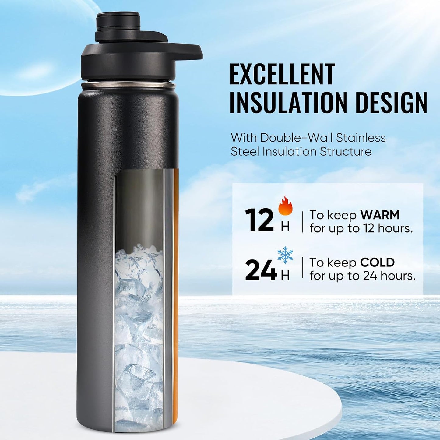 Insulated Water Bottle with Handle, 304 Stainless Steel Water Bottles with Wide Mouth, Double Wall Vacuum Sports Water Bottle, BPA Free, Keep Cold and Hot, 18 Ounces, Black/Gray