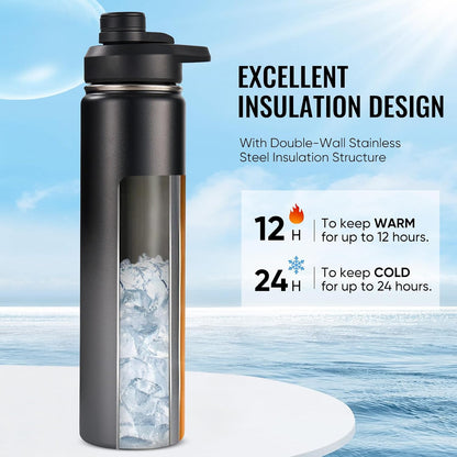 Insulated Water Bottle with Handle, 304 Stainless Steel Water Bottles with Wide Mouth, Double Wall Vacuum Sports Water Bottle, BPA Free, Keep Cold and Hot, 18 Ounces, Black/Gray