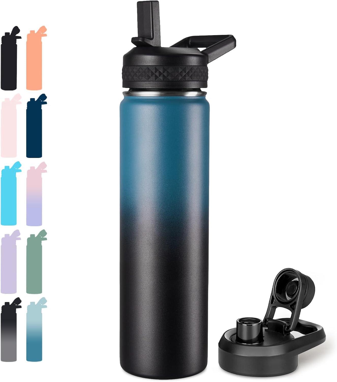 Insulated Water Bottle with Handle, 304 Stainless Steel Water Bottles with Wide Mouth, Double Wall Vacuum Sports Water Bottle, BPA Free, Keep Cold and Hot, 18 Ounces, Black/Gray