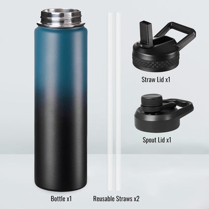 Insulated Water Bottle with Handle, 304 Stainless Steel Water Bottles with Wide Mouth, Double Wall Vacuum Sports Water Bottle, BPA Free, Keep Cold and Hot, 18 Ounces, Black/Gray
